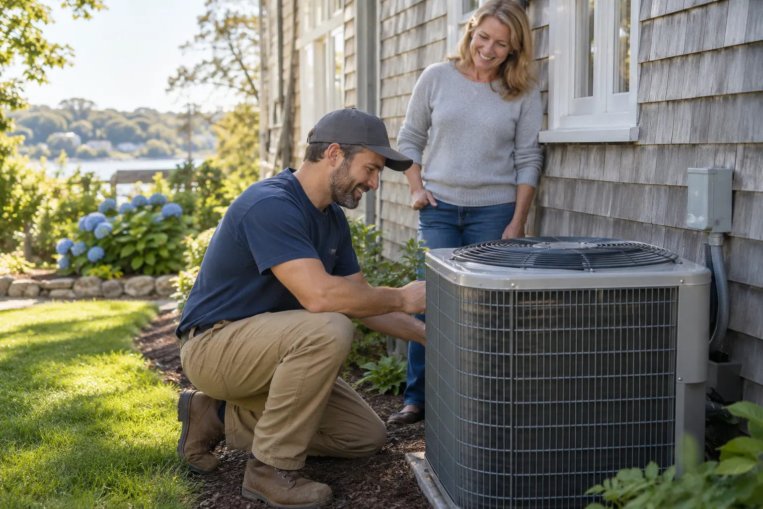 Homeowner talking with an HVAC provider beside an air conditioner at an older home in Taunton