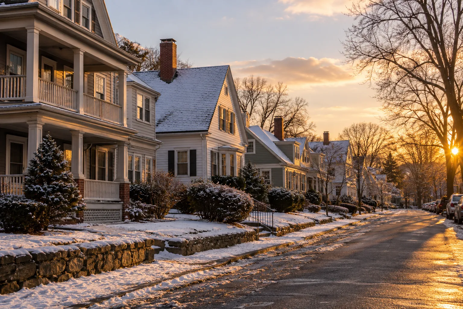 Older homes with snow on the roofs in Taunton